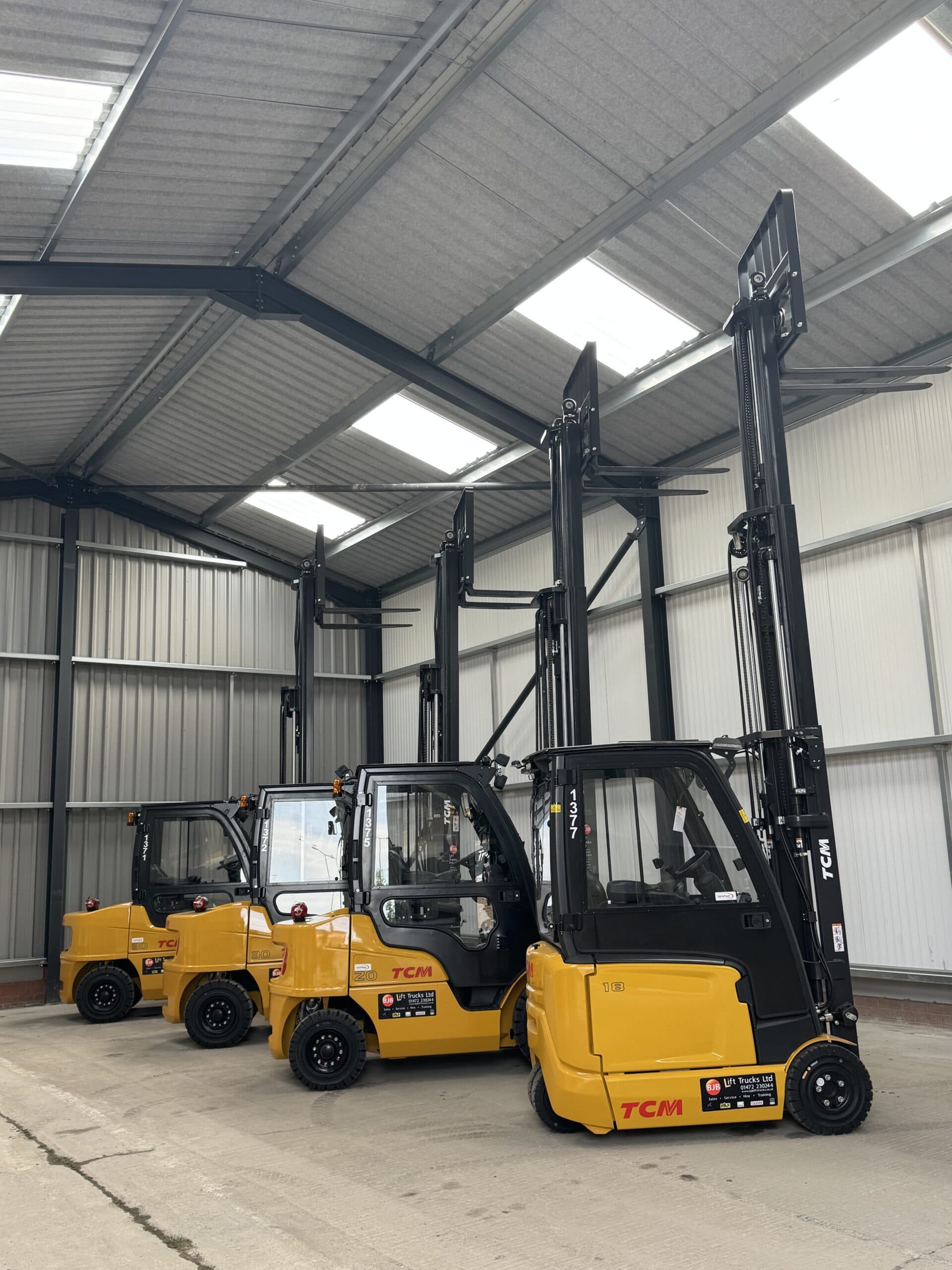 Synthomer's new TCM forklift fleet lined up at BJB's Grimsby depot.