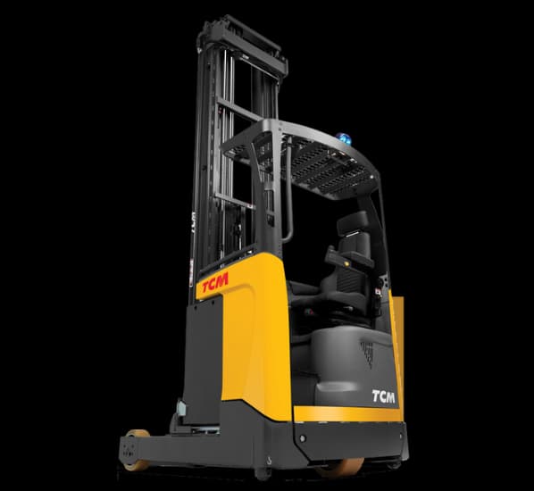 Reach truck in a racked aisle.